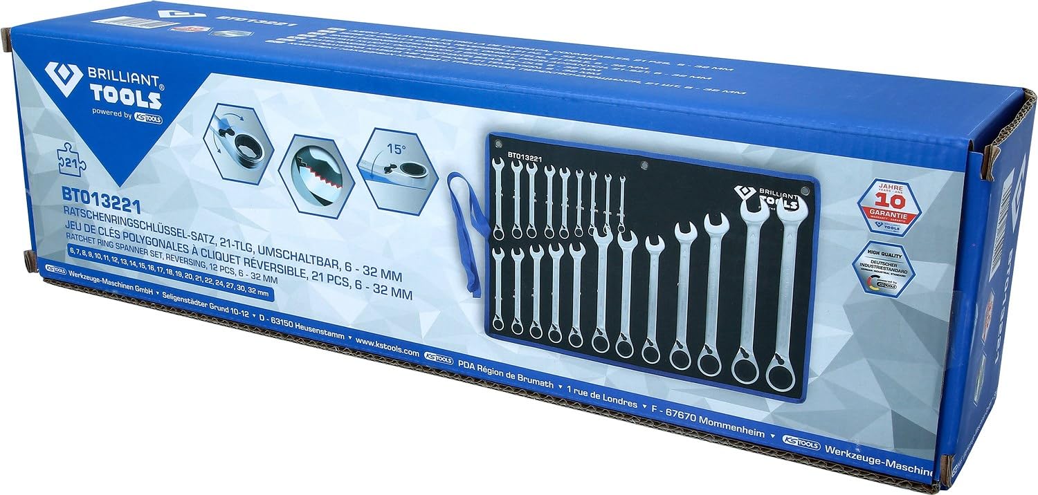 BRILLIANT TOOLS BT013221 Zestaw kluczy oczkowych z grzechot, przelaczanych, 21-szt, 6 - 32 mm [Powered by KS TOOLS]