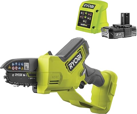RYOBI - Motosierra de Mano Brushless 18V ONE+ - Barra 10 cm - Herramienta Compacta de Poda de Ramas - Tensor de Cadena sin Herramientas - Ambidiestro - Batería 2,0 Ah y Cargador 1,5 A - RY18PSX10A-120