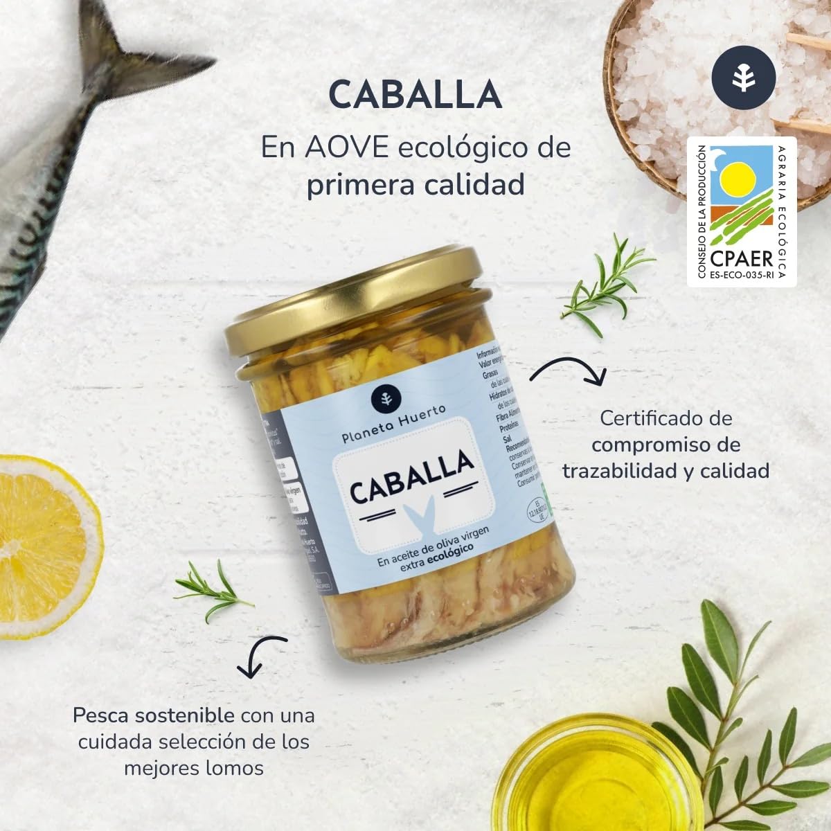 PLANETA HUERTO | Caballa en Aceite de Oliva ECO 190 g | Pack de 12 Unidades | Ecológica, Rica en Omega-3 y Proteína | Conserva Gourmet sin Aditivos, Ideal para una Alimentación Saludable