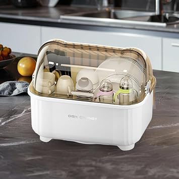 Space Saving Dish Drainer with Lid Storage Box Plate Drying Rack Cutlery Basket And Holder Suitable for Storage, Gray White