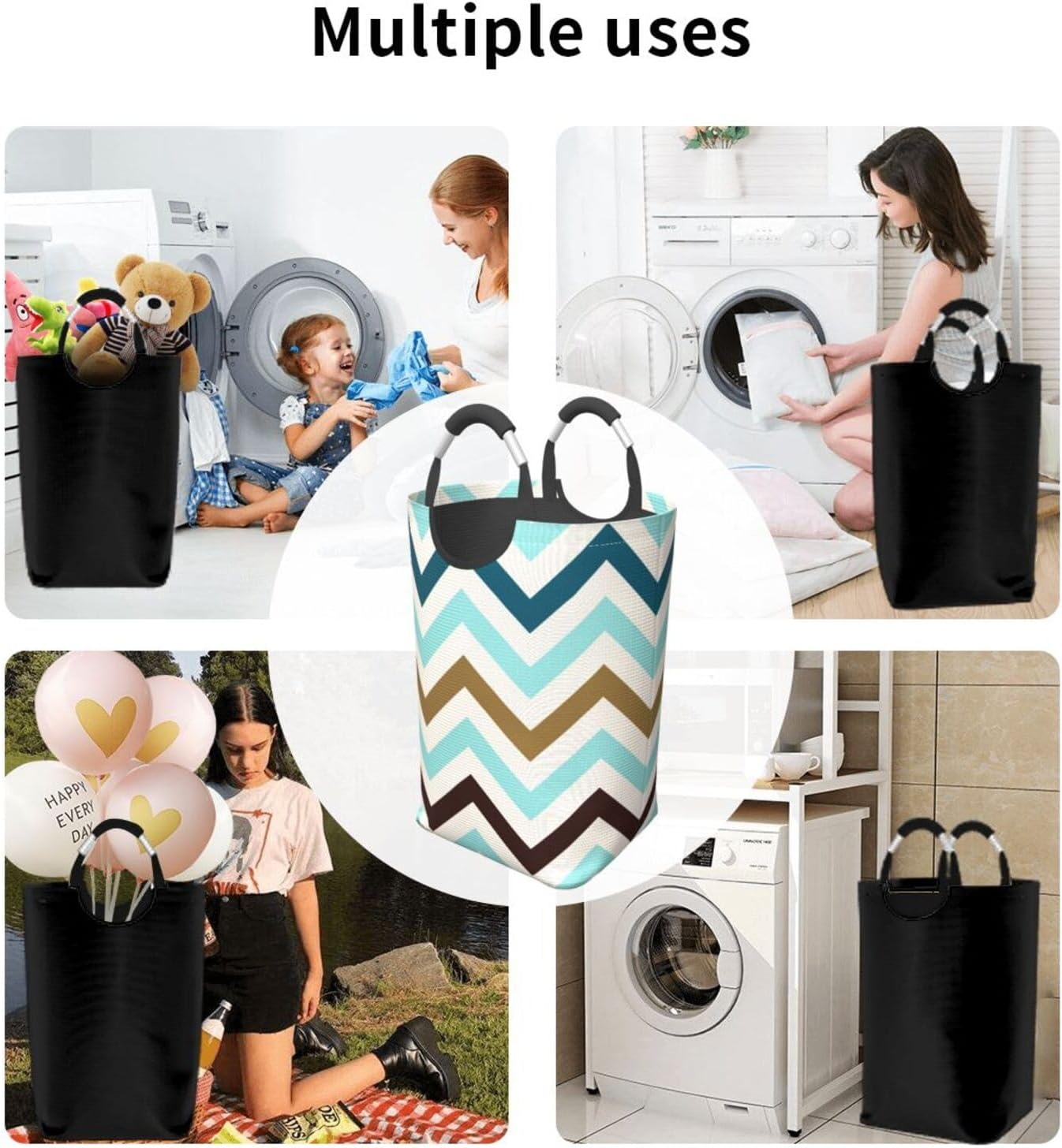 Large Laundry Basket, Zigzag Pattern Cream Teals Gold Brown Laundry Hamper Bag Collapsible Washing Bin With Handles for College Dorm, Family Essentials Storage