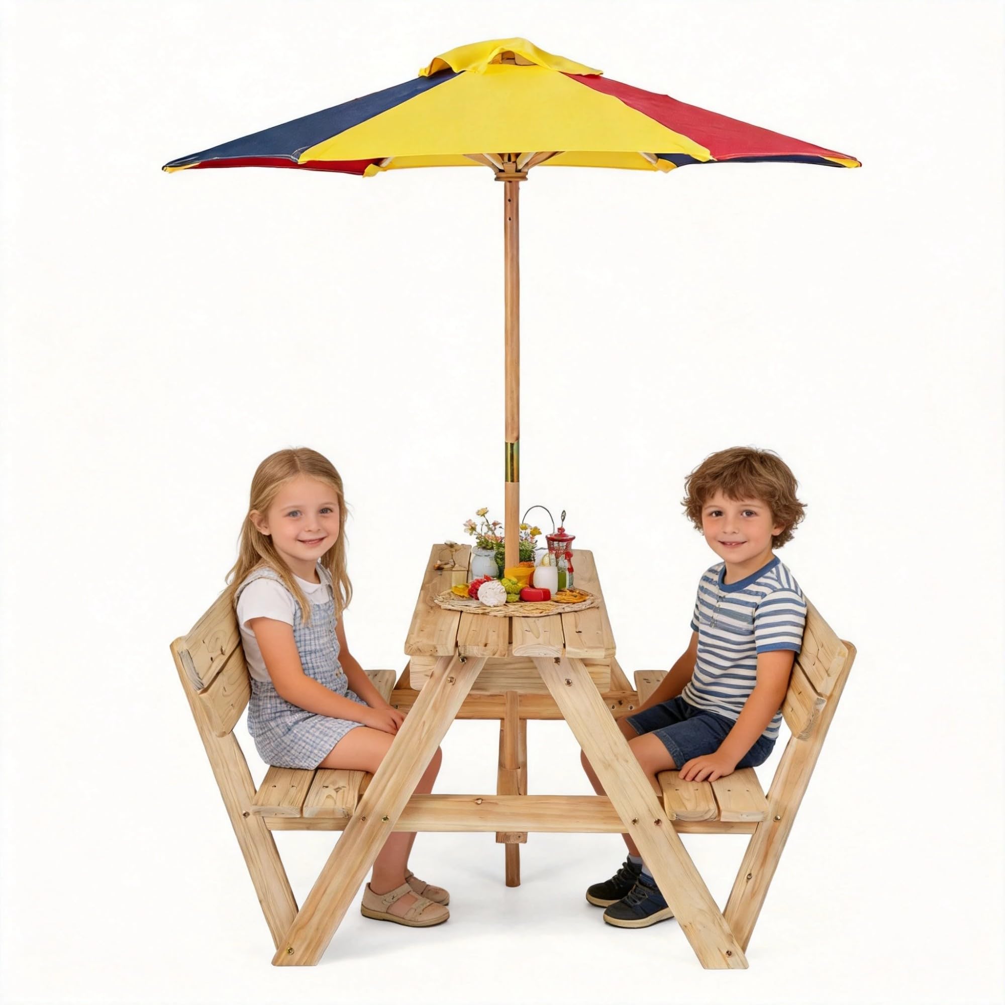 LIFEZEAL Mesa Picnic Infantil Madera, con Sombrilla | Set 2 Bancos Integrados y Respaldo, Estructura Abeto Resistente, Mueble Exterior Niños 3-8 Años Jardín Patio Playa