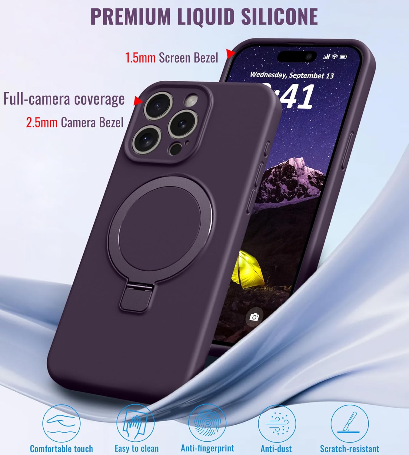 Compatible with iPhone 14 Pro Max Case Stand, Slim Full Camera Protection Liquid Silicone Phone Case Suitable for iPhone 14 Pro Max Compatible with MagSafe Ring Magnetic Kickstand, Purple