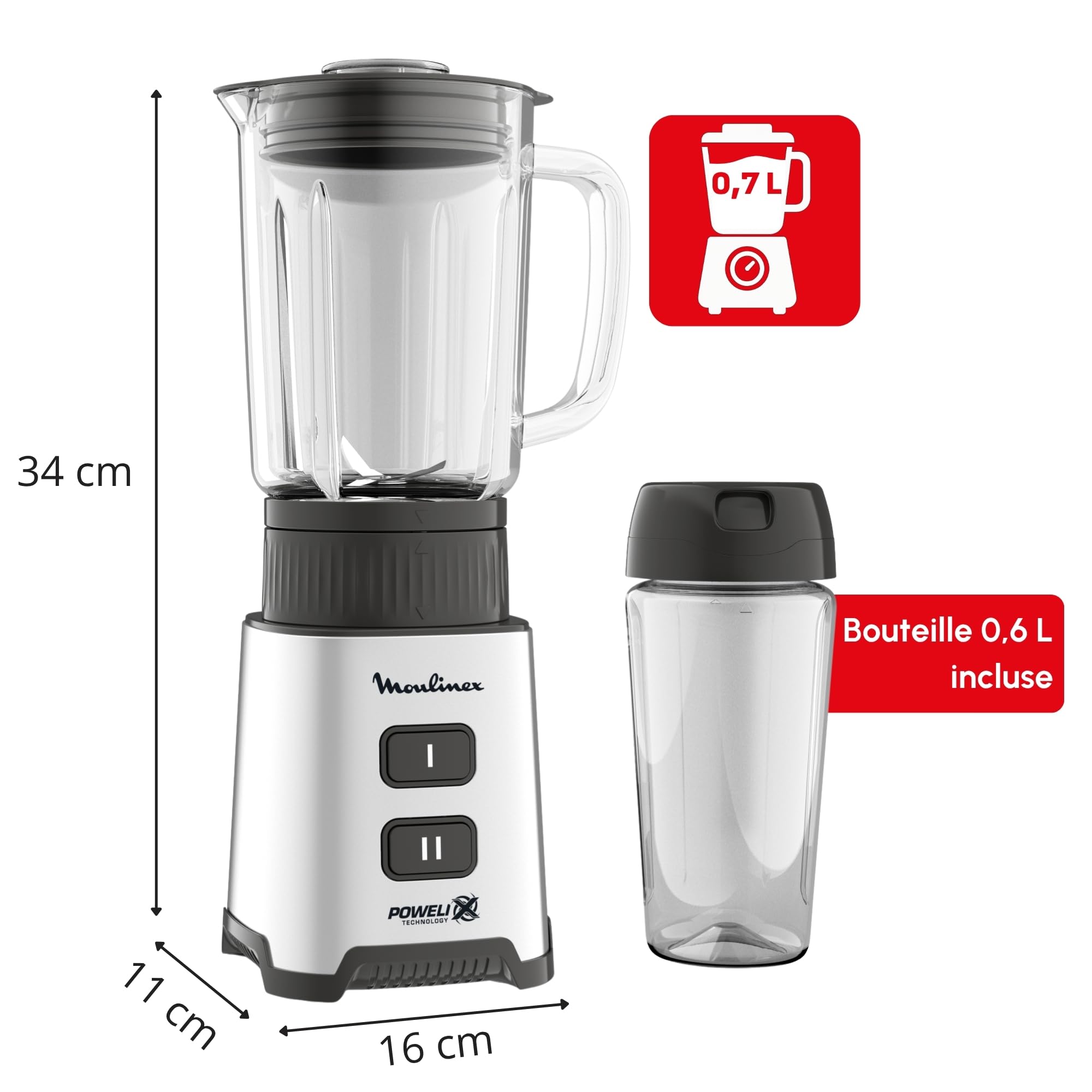 Moulinex Blender, Mini mixeur compact, 400 W, Technologie Powelix, Lames amovibles, 2 vitesses, Contrôle de la texture, Verseuse en verre, Bouteille à emporter en Tritan, Pulseo, Métal LM17GD10