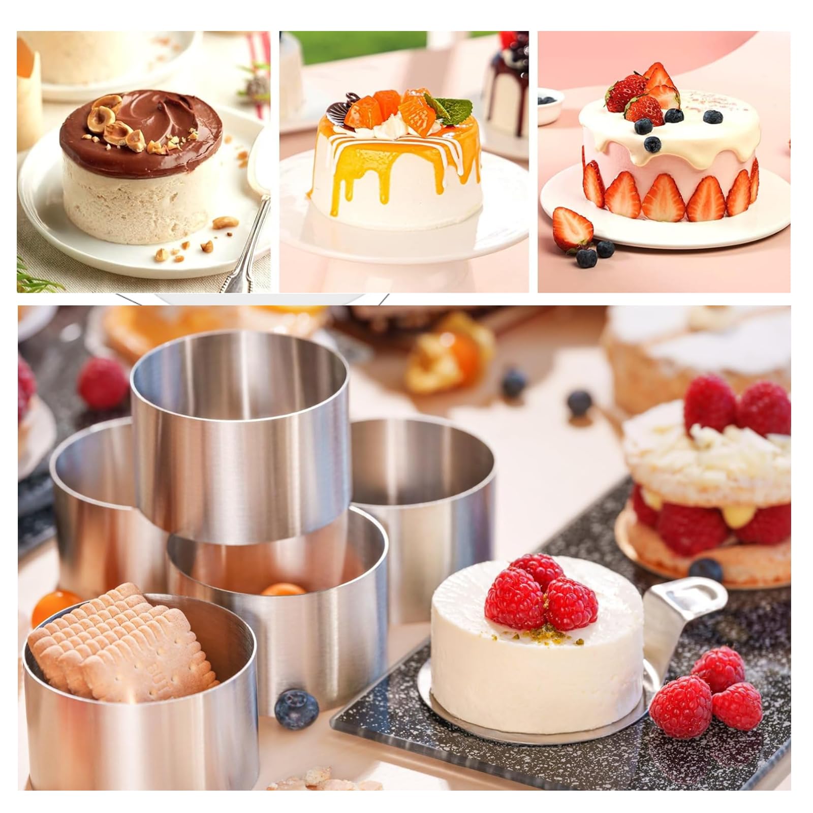 6 Stück Dessertringe und Speiseringe Set，dessertringe 8cm und 6cm，servierringe Edelstahl Set，Stampfer und Mousse Schablonen für Kochen Backen Mousse