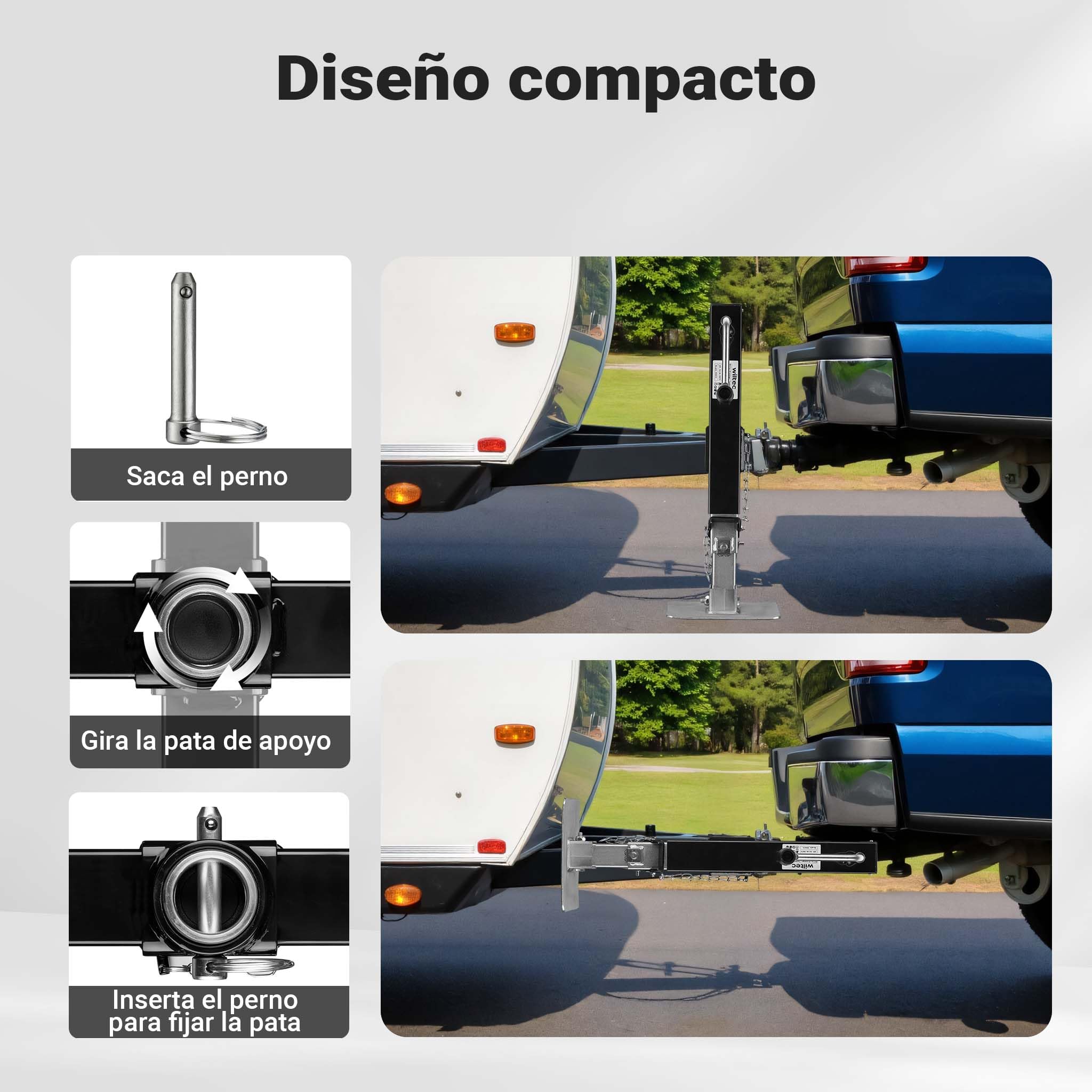 Wiltec Pata de apoyo para remolques y caravanas capacidad 900 kg con manivela lateral altura ajustable y soporte de tubo