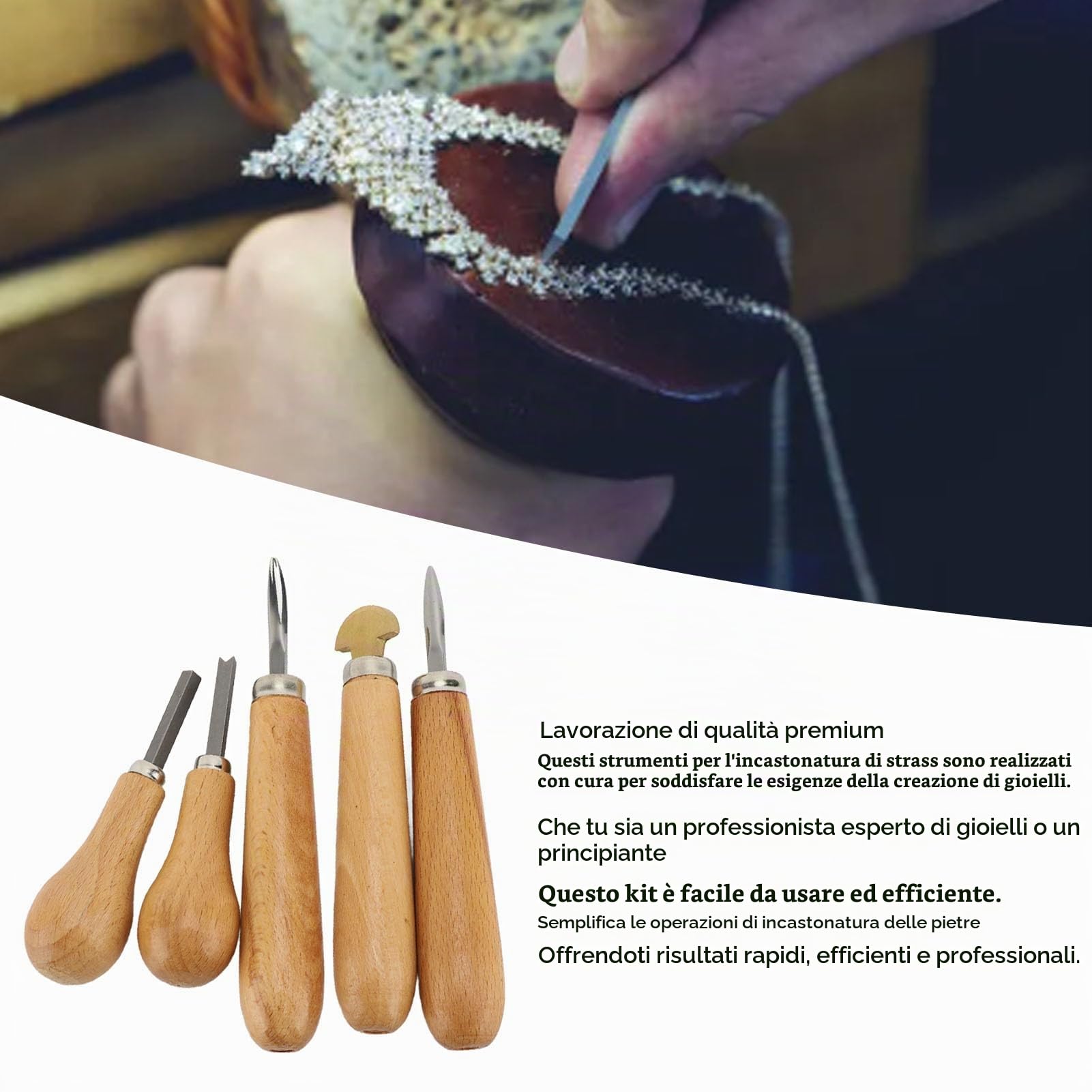 Kit di Strumenti per Incastonatura di Pietre - 5 Strumenti Professionali per Gioielli, Incastonature Sicure e Design Unico, Confezionati con Materiale di Qualità Premium