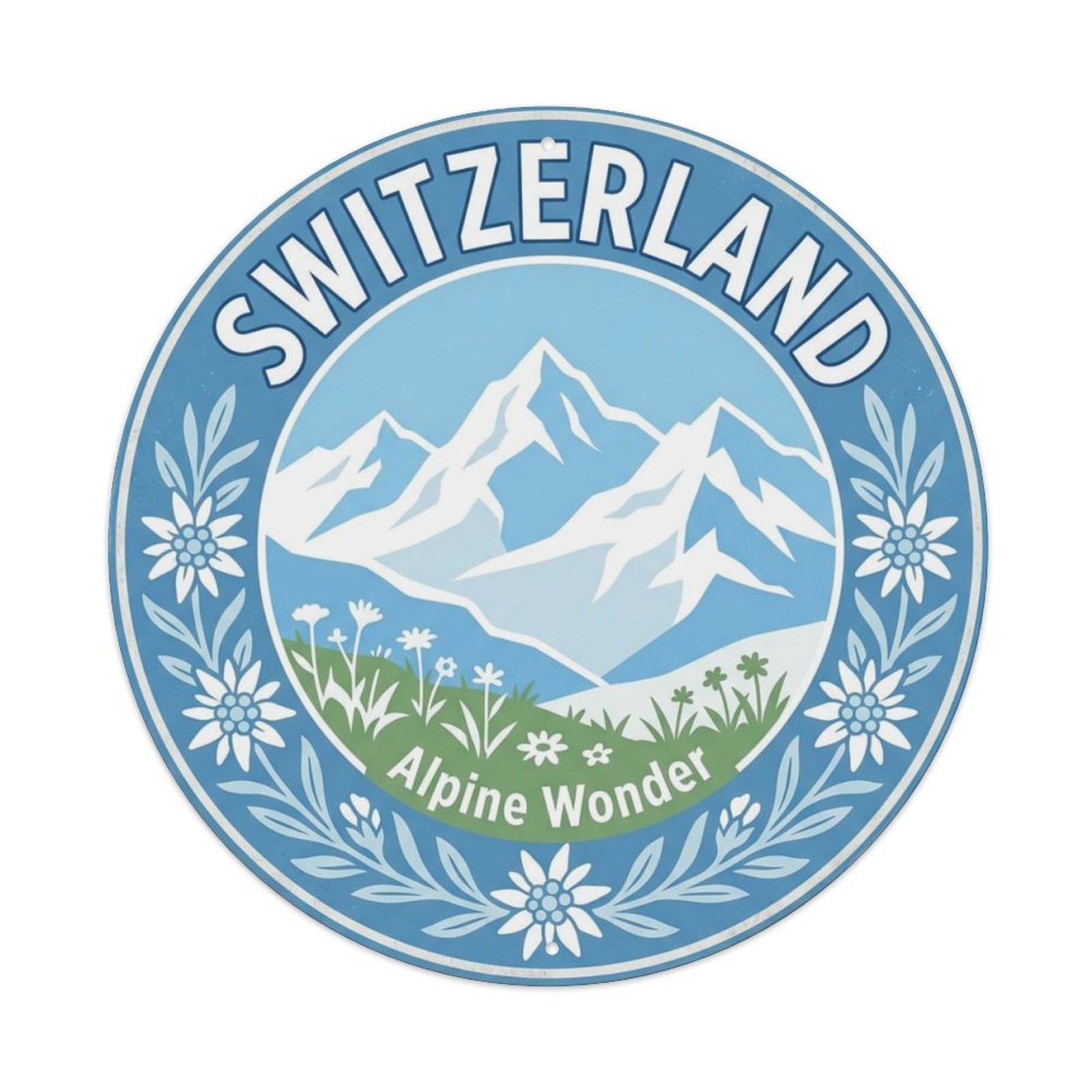 Vintage Travel Switzerland Alps Mountain Metal Tin Sign Plaque Wall Decor for Cafe, Club Bar, Office, Home Garden Round Metal Poster 8x8Inch