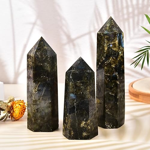 Miniatura 3 de Torre de cristal de labradorita grande natural curativa, varita de punta de cristal obelisco de 6 facetas Reiki chakras terapia de meditación para