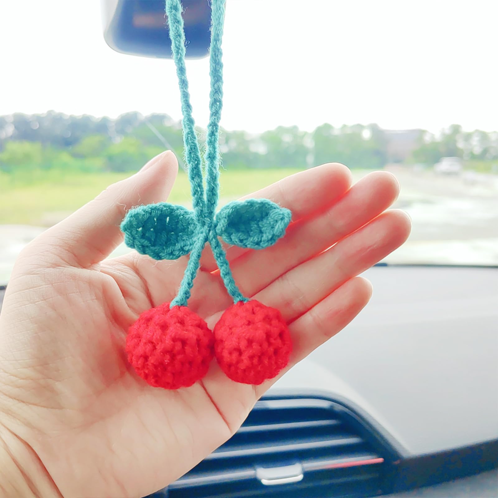 Crochet Rear View Mirror Accessories Happon 2 Pcs Car Mirror Accessories, Cute Strawberry Car Hanging Ornament For Car Rearview Mirror Decor Crochet Car Mirror Hanging Charms Accessories Strawberry Things