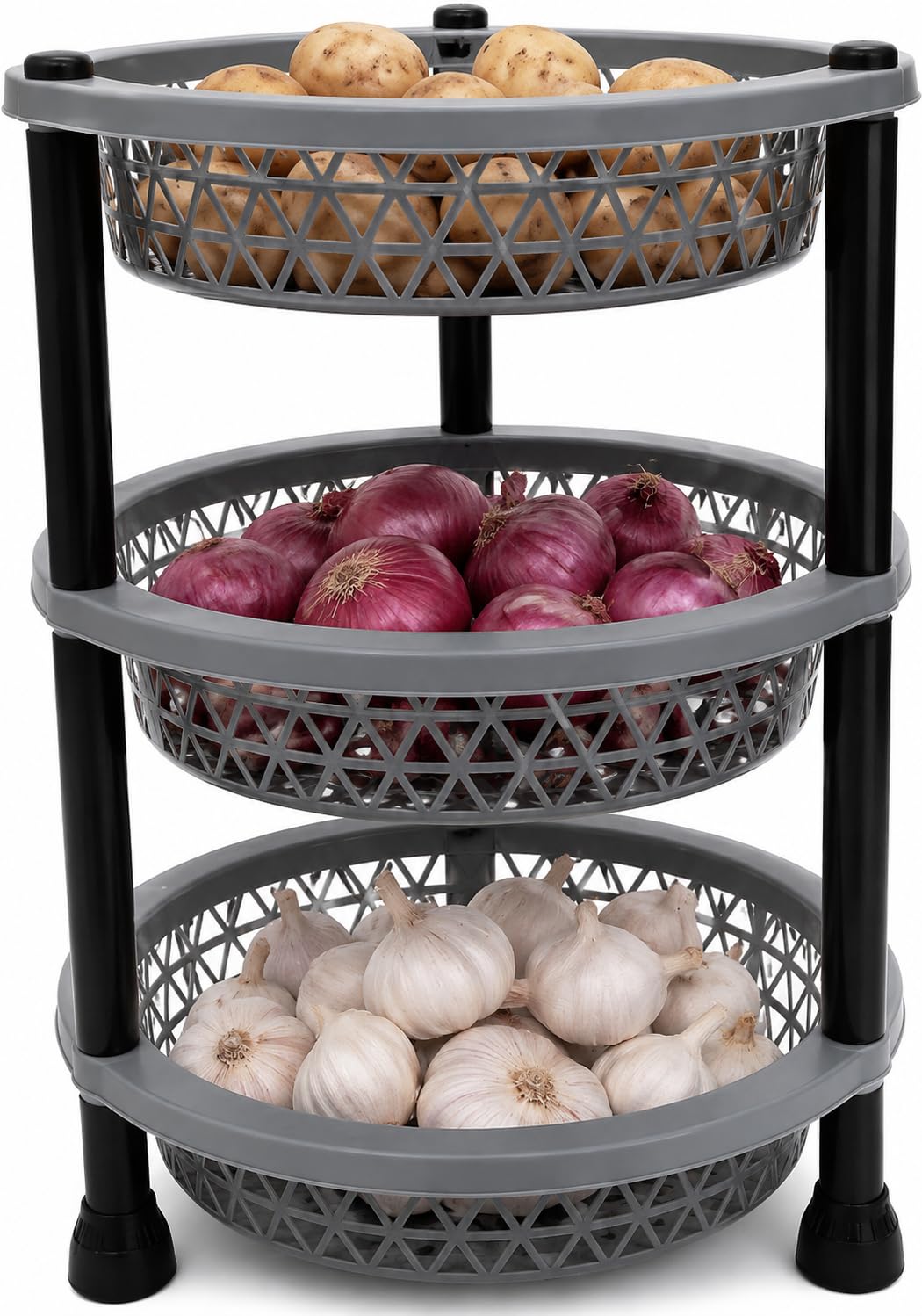 3 Layer Round Plastic Vegetable Storage Rack, Multipurpose Kitchen Organiser Stand for Vegetables and Fruits Trolley, Random Colour-image-11