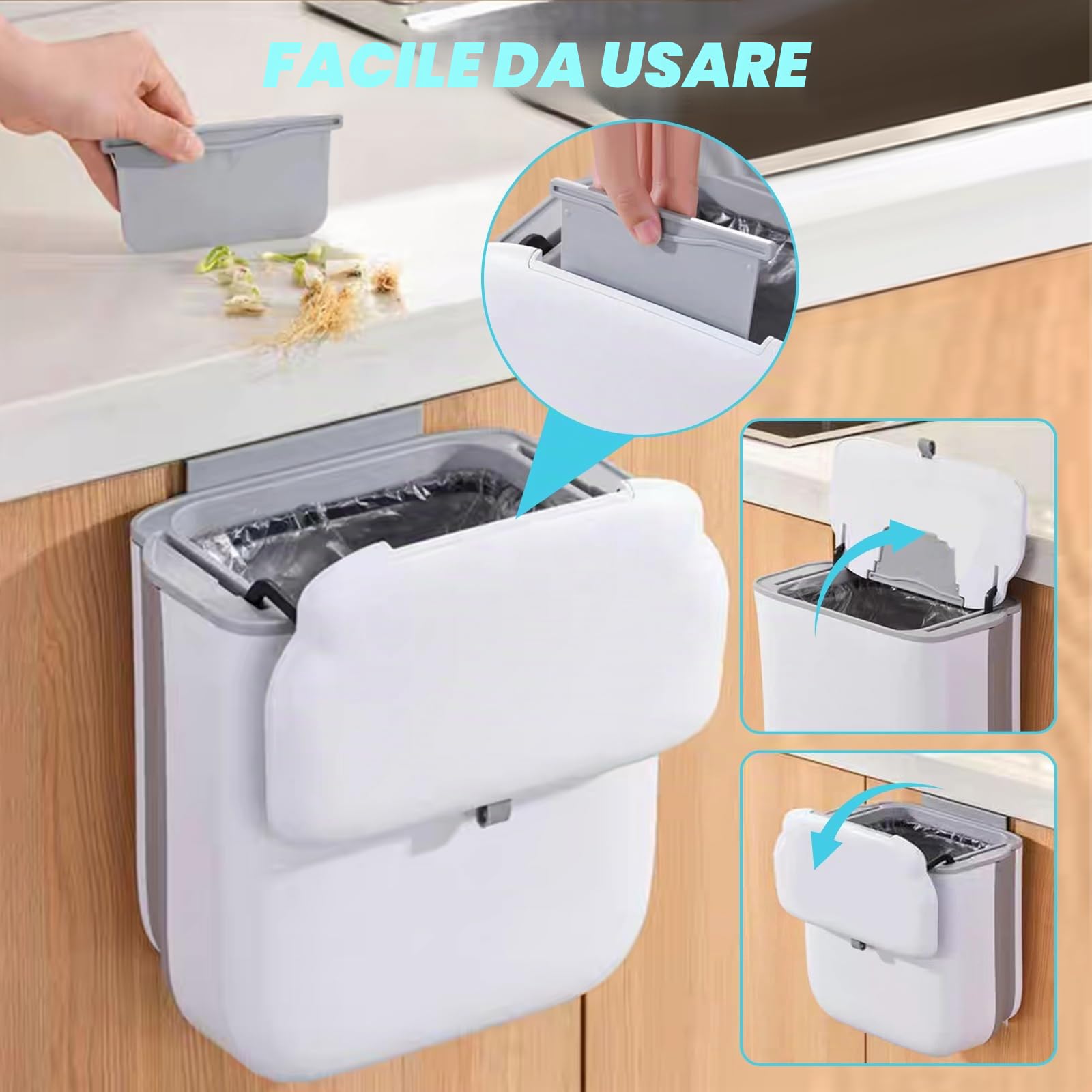 Pattumiera Cucina da Appendere, Pieghevole Secchio Spazzatura Sottolavello Impermeabile 10L con Coperchio, PP+TPA, Pattumiera Estraibile Sottolavello per Cucina Bagno Campeggio Auto Ufficio