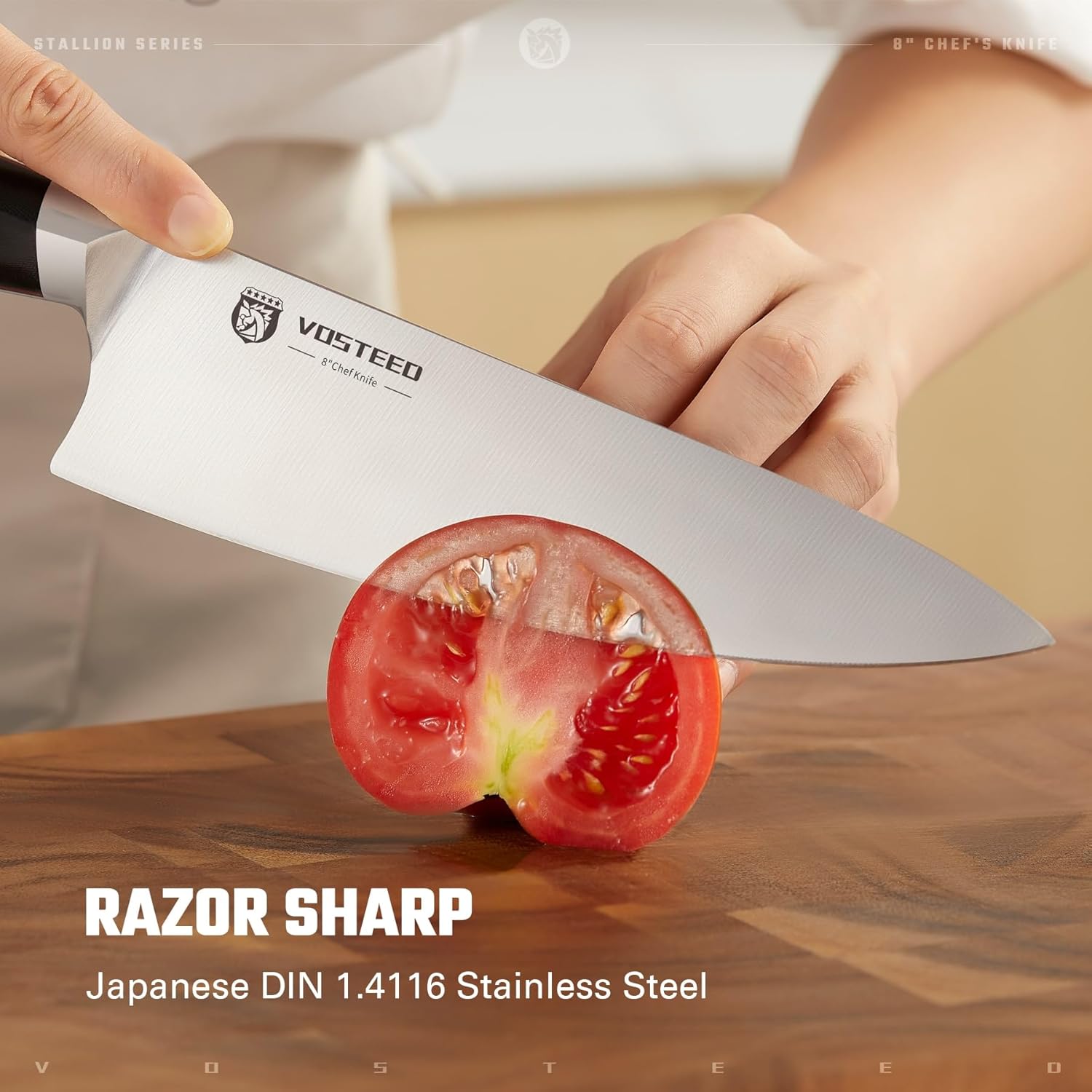 Vosteed Stallion 8" Chef's Knife, German DIN 1.4116 Stainless Steel, Ergonomic Durable G10 Handle