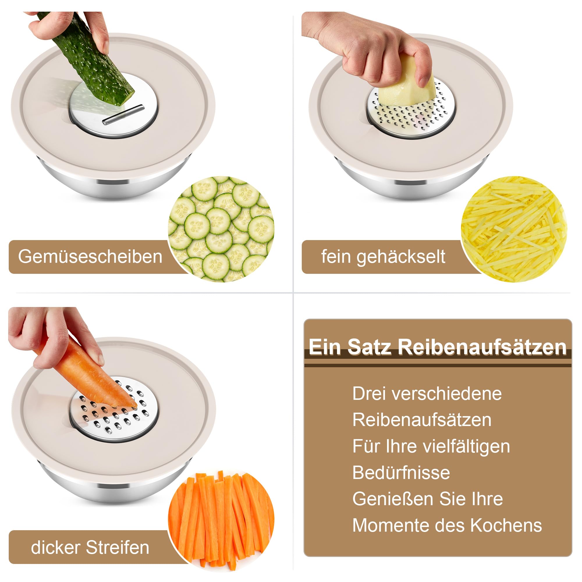 Herogo Rührschüssel 5er Set Khaki, Edelstahl Schüssel mit luftdichten Deckeln, Metall Salatschüssel mit 3 Reibenaufsätzen zum Zubereiten/Backen/Servieren/Aufbewahren/Mixen, Spülmaschinenfest