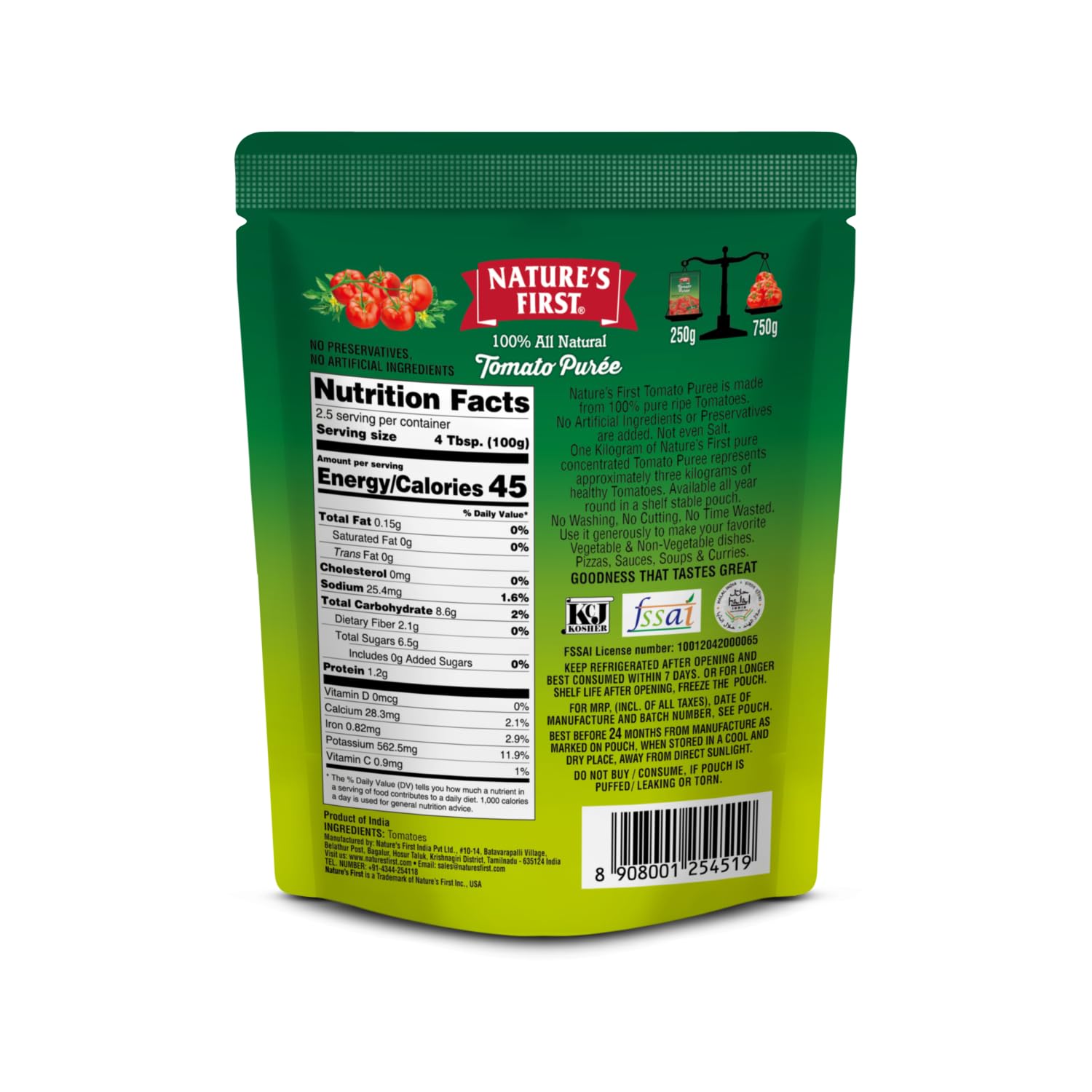 Nature's First Tomato Puree (Pack of 10) 250gms, Fresh, Thick & Natural Tomato Paste for Cooking, Add Rich Flavour in Dishes, No Added Salt, No Preservatives, Sweet and Pure, Vegetarian