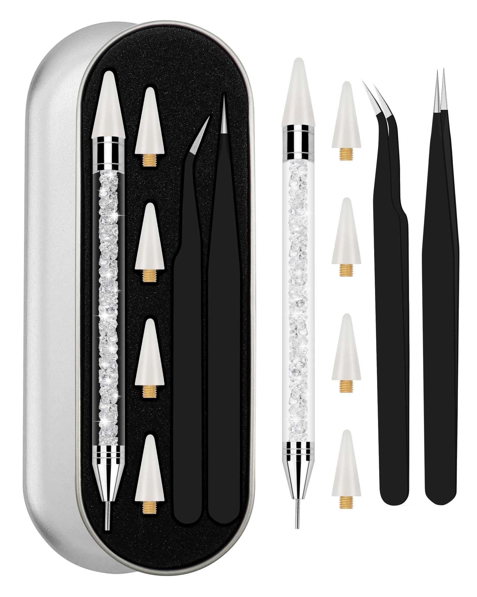Rhinestone Picker Tool Set,Rhinestone Applicator Tool,Rhinestone Picker Dotting With 4 Extra White Replaceable Wax Head and 2 Tweezer (White)