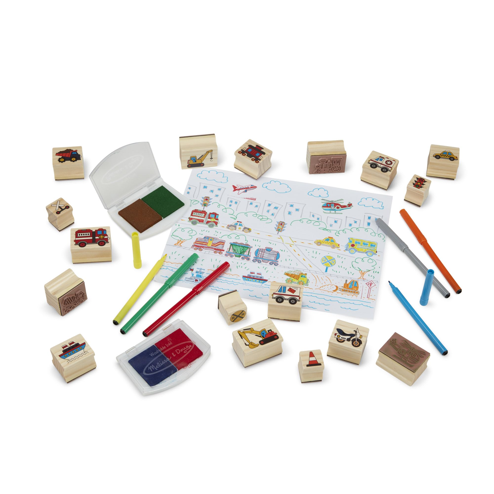 Melissa & Doug 41901 Zestaw drewnianych pieczątek Deluxe - Pojazdy | Sztuka i rzemiosło | 3+ | Prezent dla chłopca lub dziewczynki