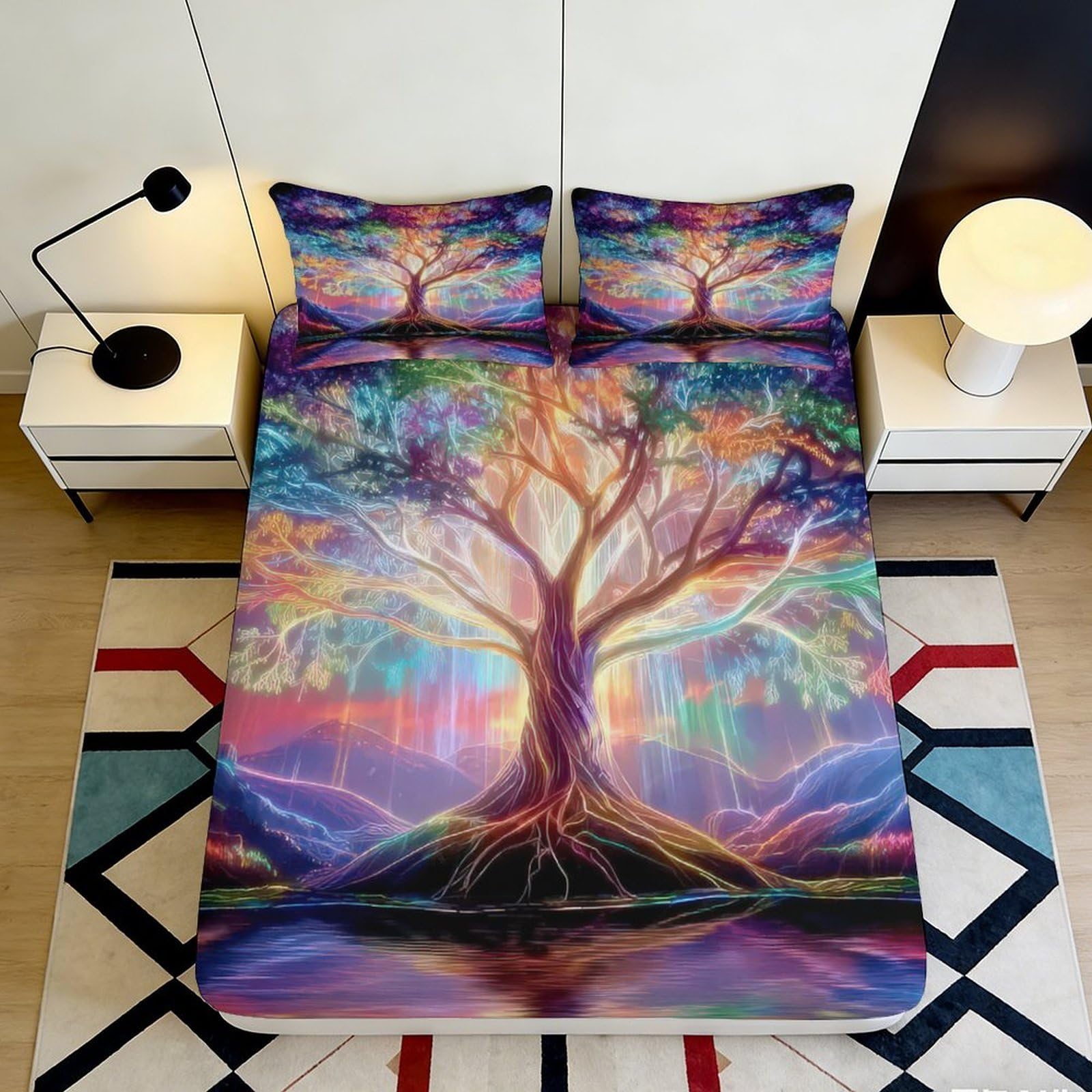 3D Printed Fantasy Tree Fitted Sheet Microfiber Soft Art Rainbow Mattress Cover for Bedroom Guest Room Decor 90x200x25cm