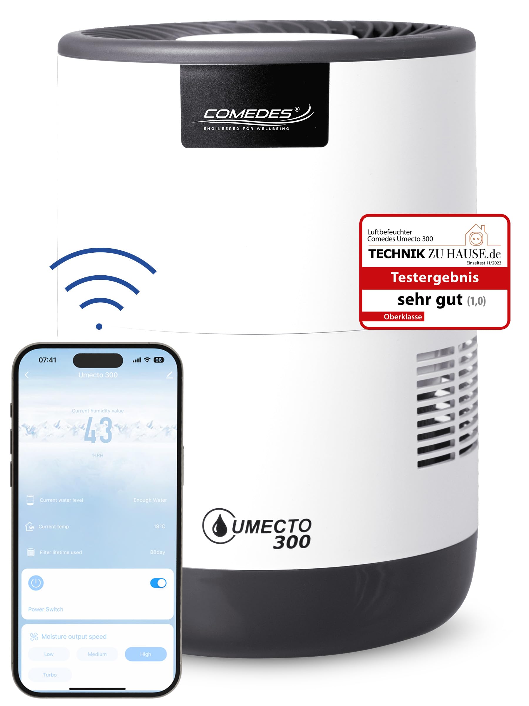 Comedes Umecto 300 Luftbefeuchter, Kaltverdunstung, 45m², 2,8 l Tank, 300 ml/h, Smart-Home