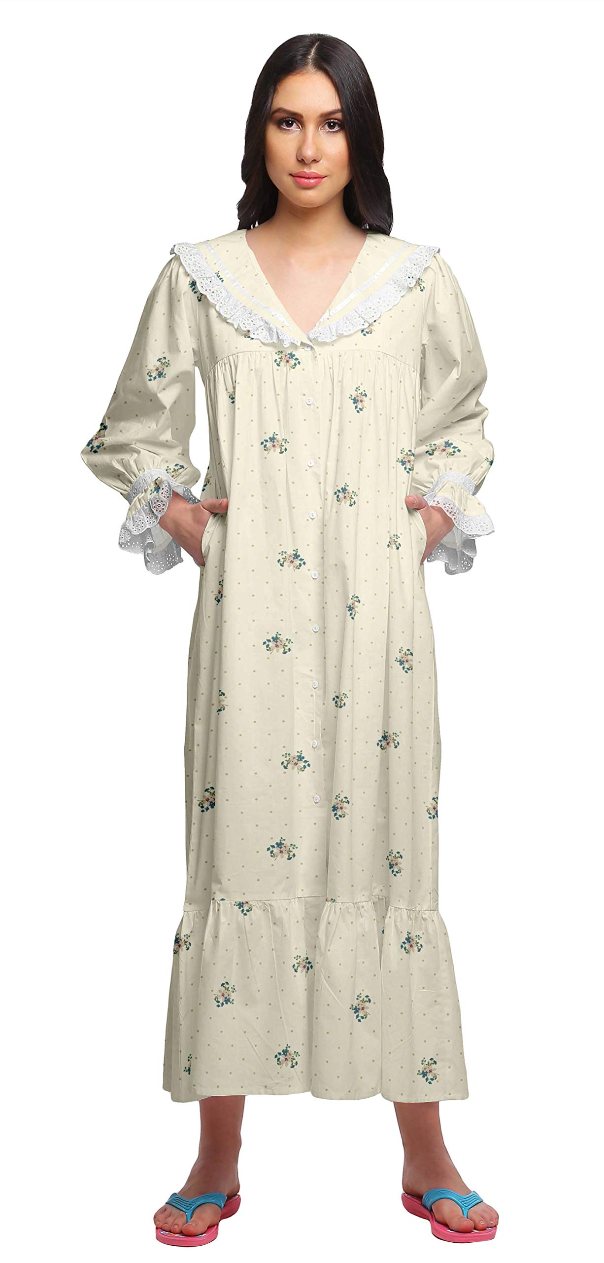 Moomaya Camison De Algodon Estampado para Mujer Maxi con Borde con Volantes