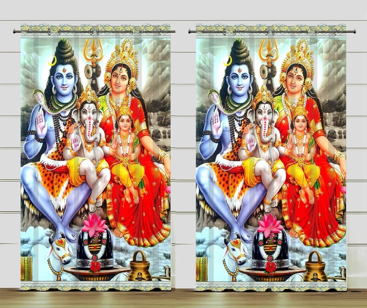 WO FLORA 3D Digital God Curtains for Poojaroom Lord Shiva Family Temple Curtain for Poojaghar/Shiv Parvati Mandir Parde 5 feet Long Set of 2 Pcs for Window