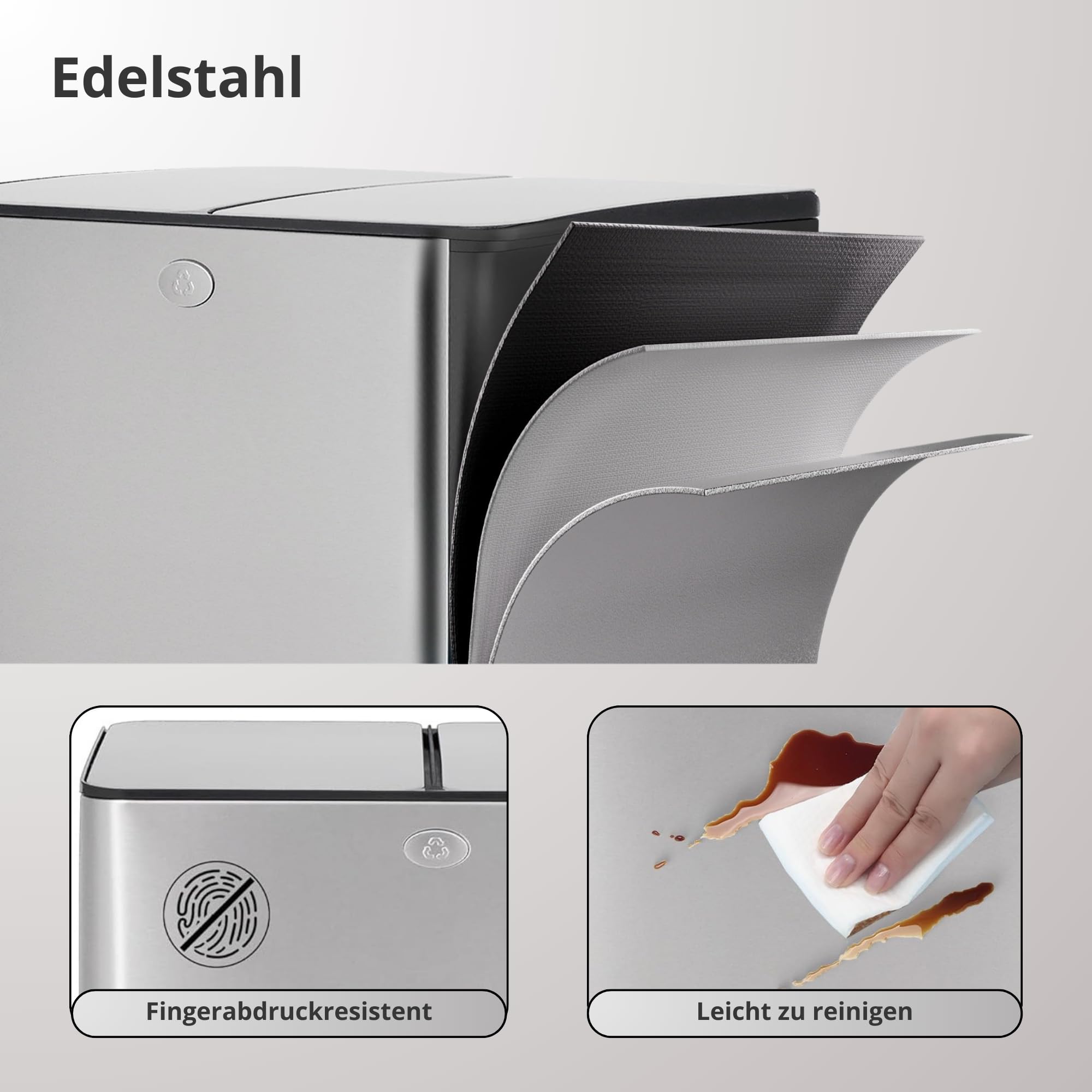 Mülleimer Küche, 2 x 30 L, 2 Fächer, Doppel-Mülleimer, Anti-Fingerabdruck-Edelstahl, mit Soft-Close-Deckel und Pedal, Enthält 20 Müllbeutel, Separate Fächer für Recycling und Müll