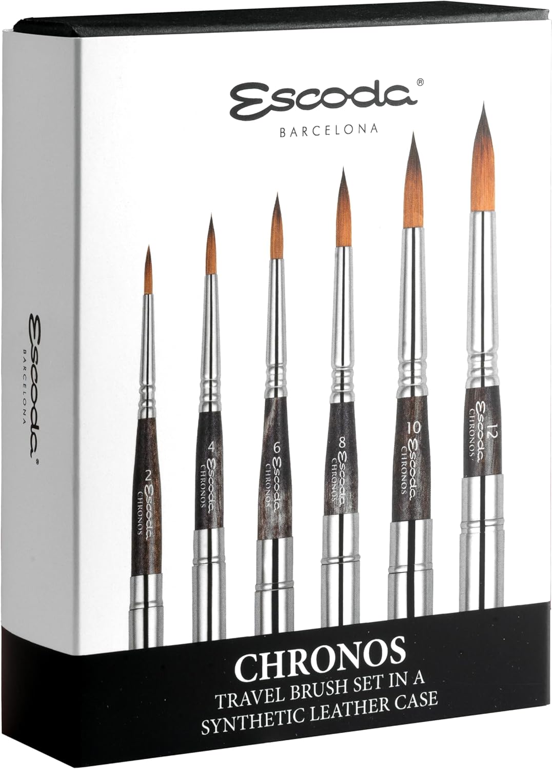 Escoda | Watercolour | Chronos Set with 6 Round Travel Brushes | Size 2,4,6,8,10,12 | Synthetic-Natural Mix (90% Synthetic - 10% Red Sable) | Toray-Mix (90% Gold Toray - 10% Red Sable) | Round pointed