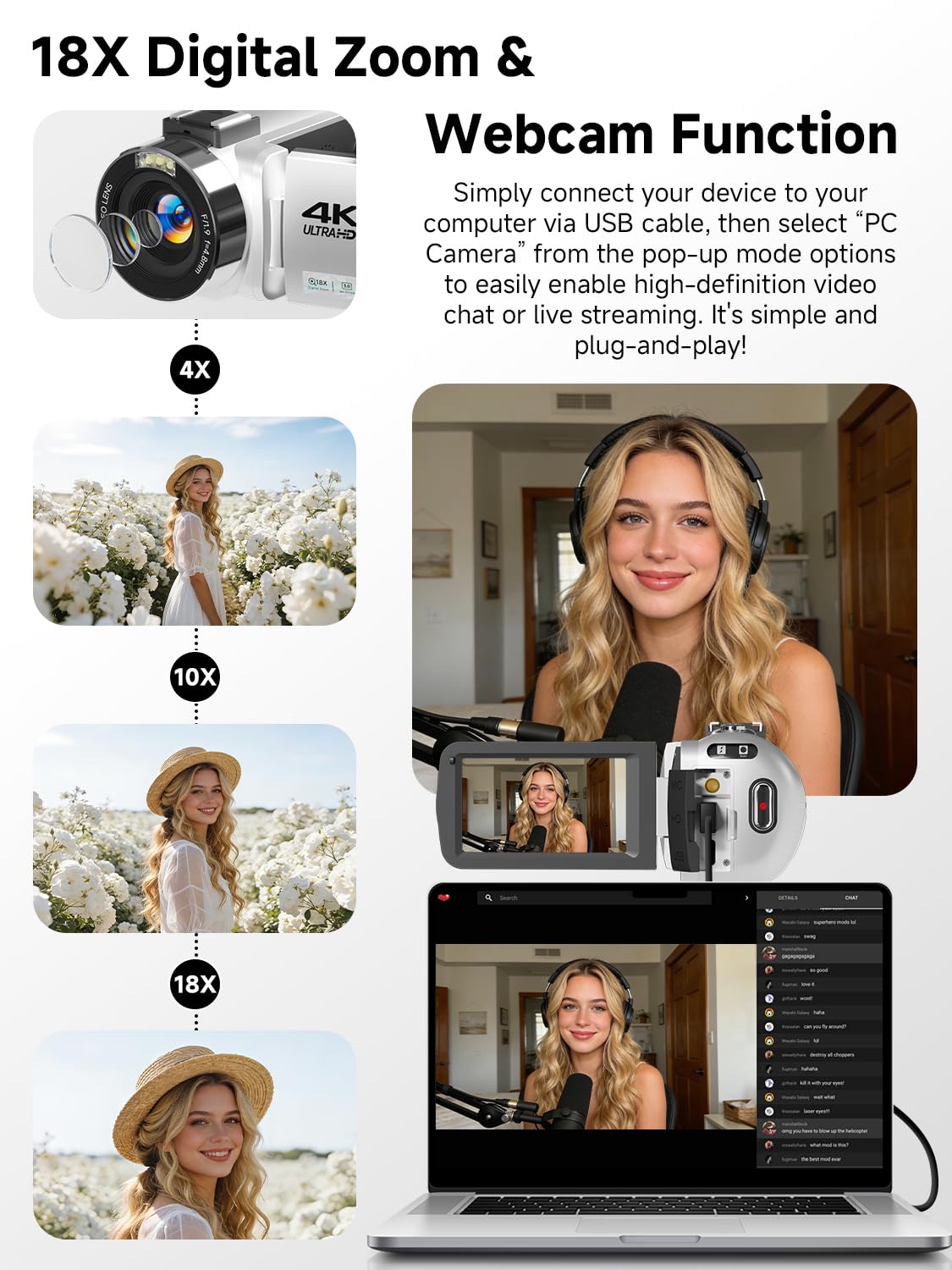 Videocamera FHD 4K 56 MP, videocamera WiFi Vlogging per YouTube con visione notturna a infrarossi, zoom digitale 18x, registratore video touch screen da 3,0", con scheda da 64 GB, telecomando, webcam
