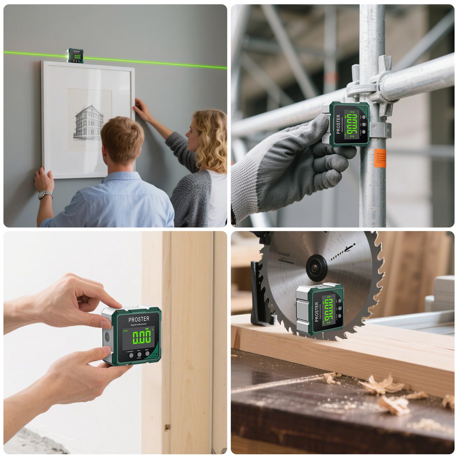 Proster Livella Digitale Ricaricabile con Laser Verde Misuratore Angolare Magnetico 4 Lati Display LCD VA Impermeabile IP54 per Carpenteria Falegnameria e Costruzione Funzione Zero e Lettura Ribaltata