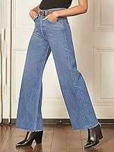 Women's Mid Rise Straight Leg Jeans - Washed Stretch Denim with Slant Pockets, Loose Comfort Fit（Runs Small）