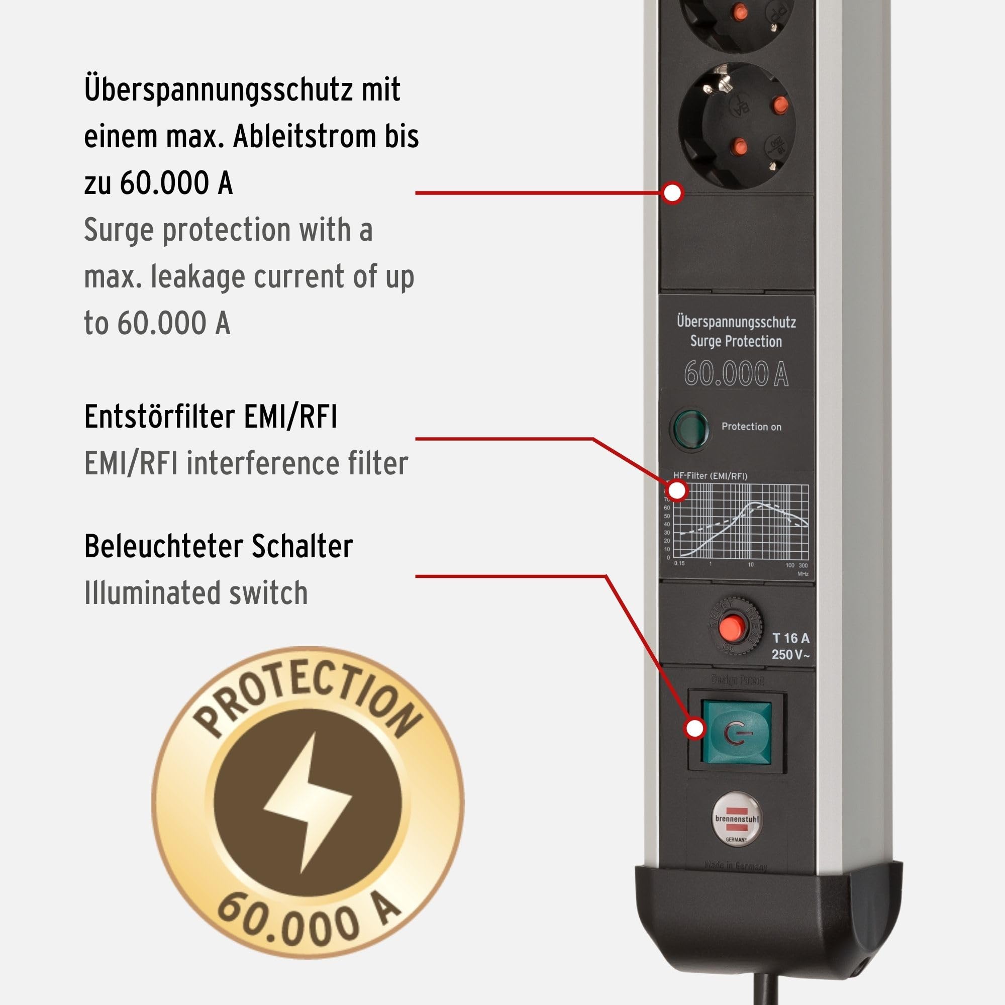 Brennenstuhl Premium-Protect-Line Steckdosenleiste 8-Fach & Super-Solid, Steckdosenleiste 8-Fach mit Überspannungsschutz