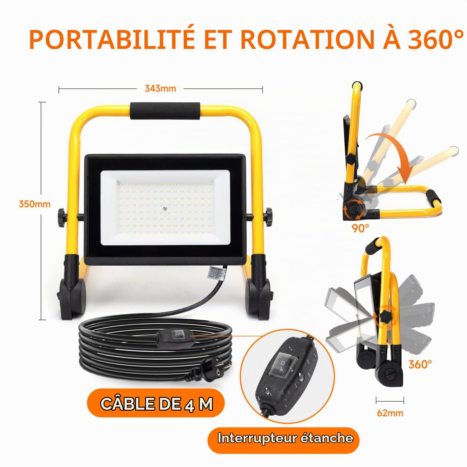 Aigostar - Projecteur de Chantier LED avec Cordon de 4M,100W,Éclairage Chantier Puissant,9000LM,Étanche IP65 e Portable,6500K,Lampe Travaux avec Prise,Idéal pour Intérieurs et Extérieurs