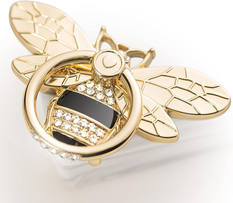 Allengel Bee - Soporte para anillo de teléfono con cristal, bonito soporte para anillo de teléfono para iPhone o smartphone, color dorado y negro