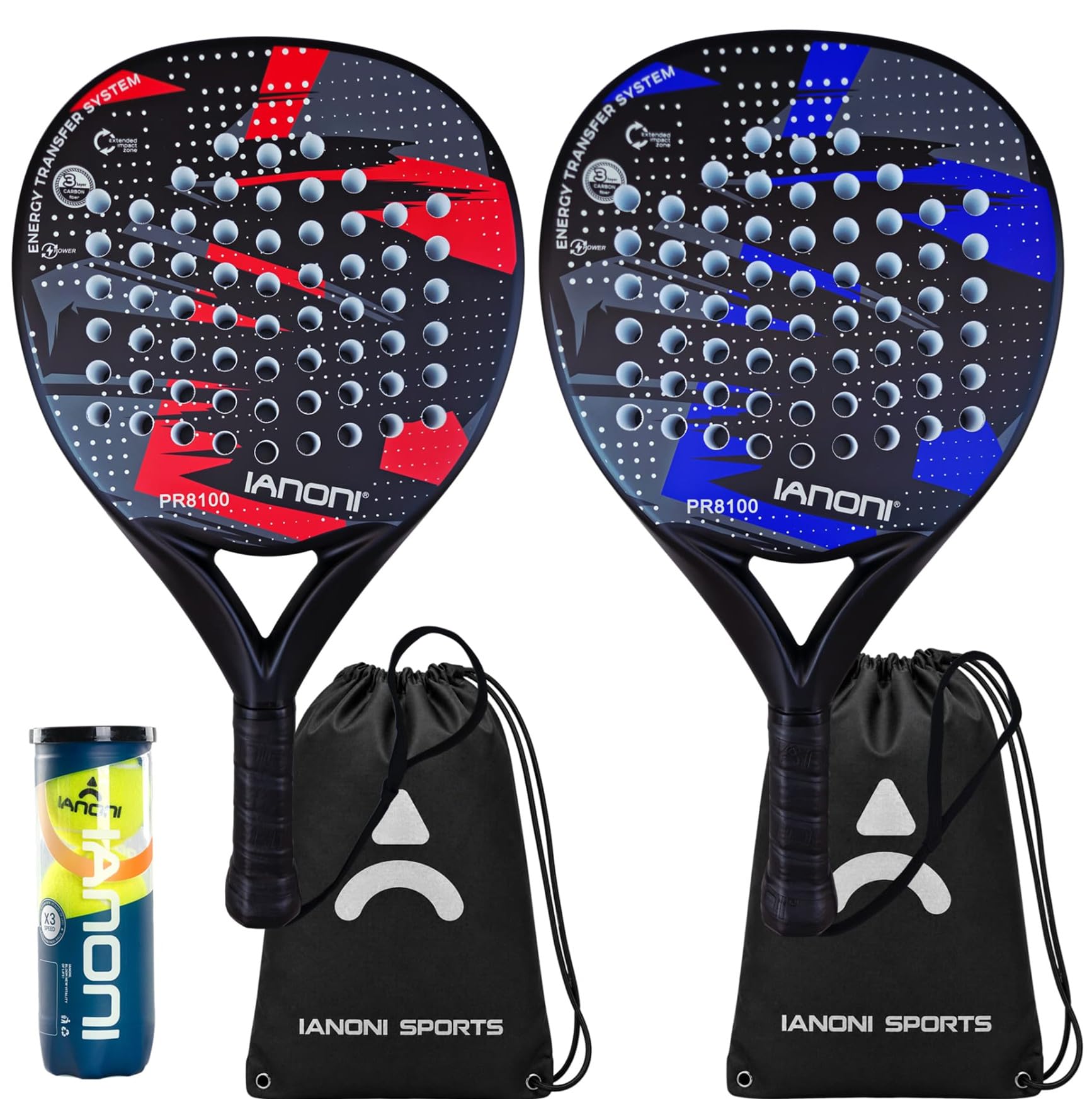 ianoni Racchette da padel Starter Set – 2 racchette + 3 palline Pro Padel – principianti e giocatori intermedi