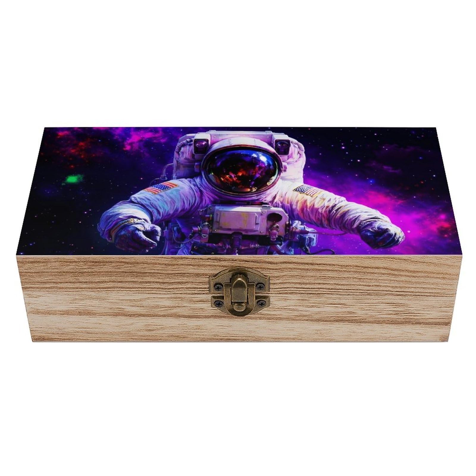 SMAZDFXX Space Purple Galaxy Trippy Astronaut Art Wooden Storage Box With Hinged Lid Decorative Front Clasp Keepsake Boxes