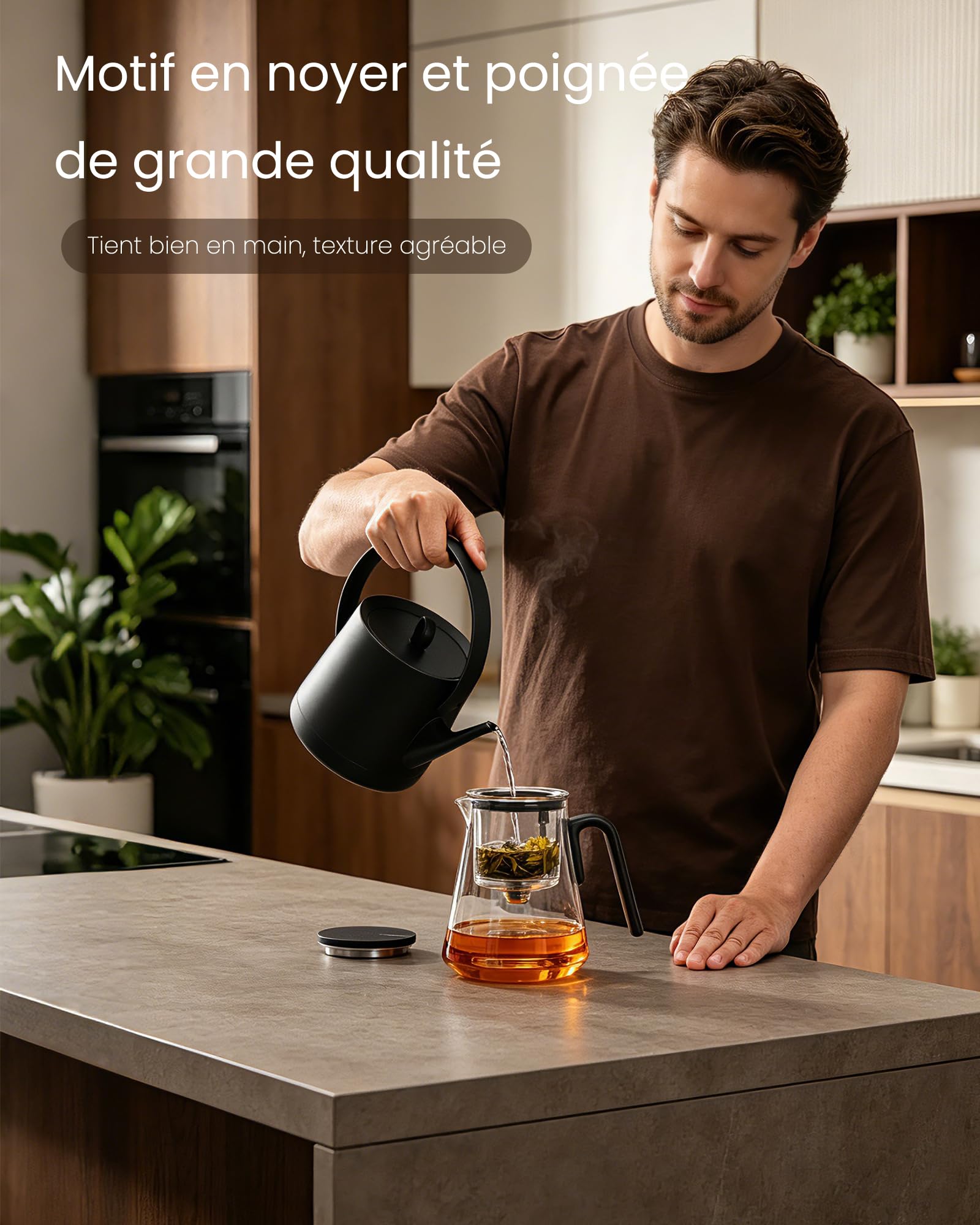 ZENS Theiere con infusore, Magic Teiera in vetro con coperchio magnetico per succhiare tè in foglie o fiori, macchina da tè per gli amanti del tè, motivo noce nero, 800 ml