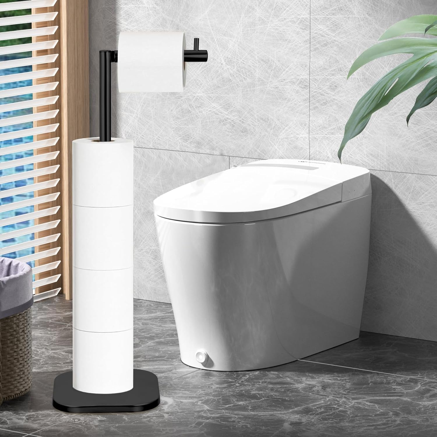 Toilet Paper Holder Stand,Freestanding Stainless Steel 5-Roll Toilet Tissue Paper with Bathroom Storage（Matte Black）