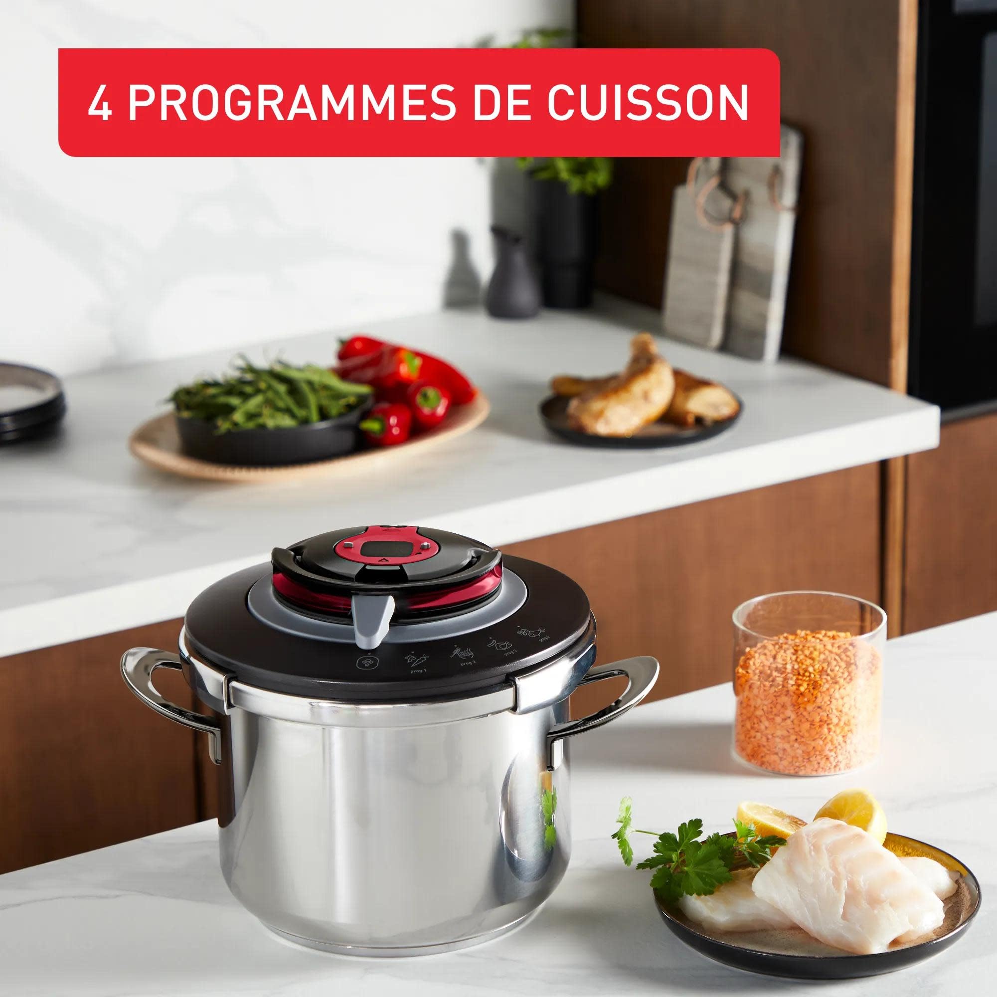 SEB Clipso + Chef Expert 8 L, Cocotte-minute avec 4 programmes, 6 à 8 personnes, Cuisson rapide, Compatibilité four, P4571400, Acier Inoxydable