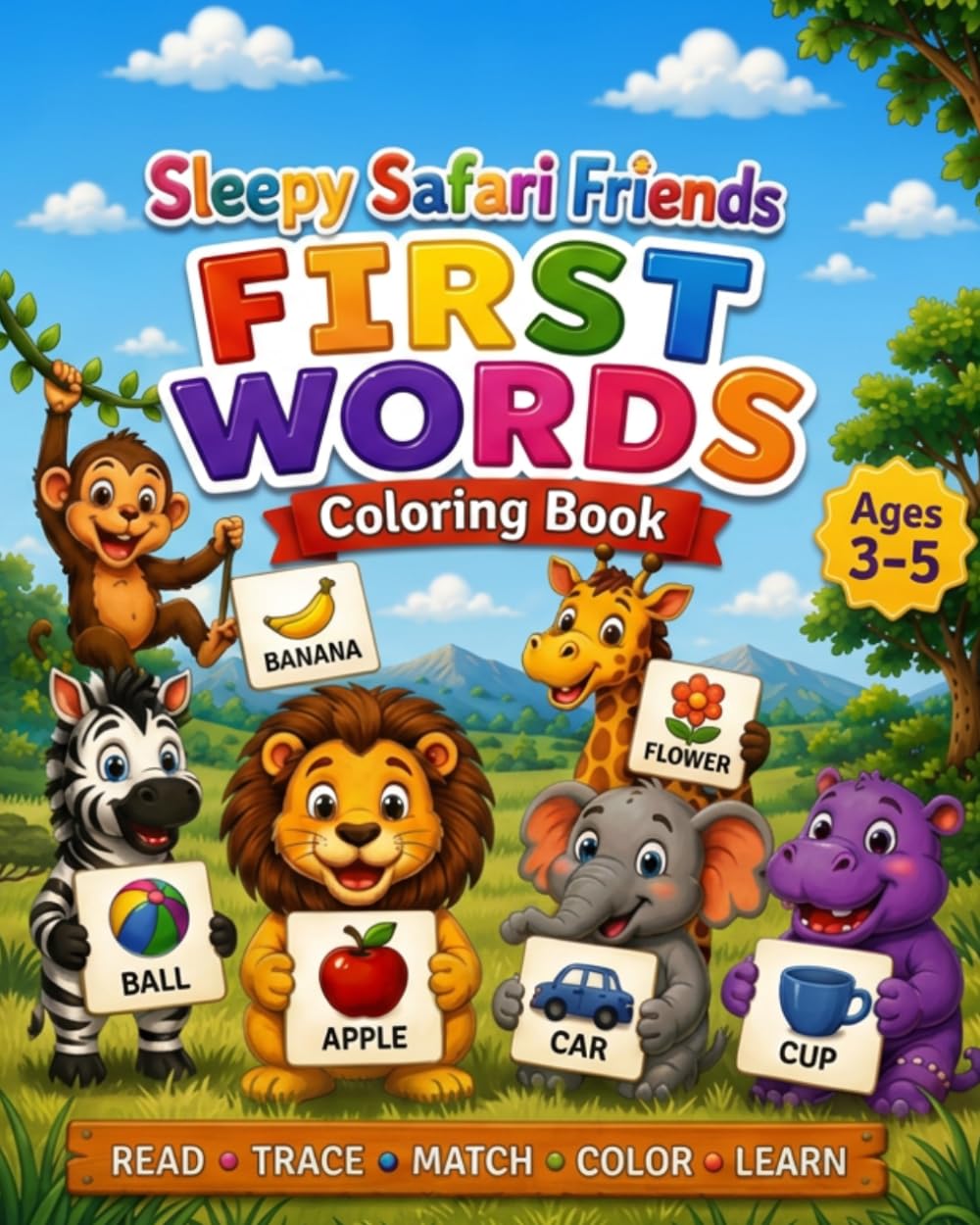 Sleepy Safari Friends First Words Coloring Book: Learn Early Vocabulary with Safari Friends