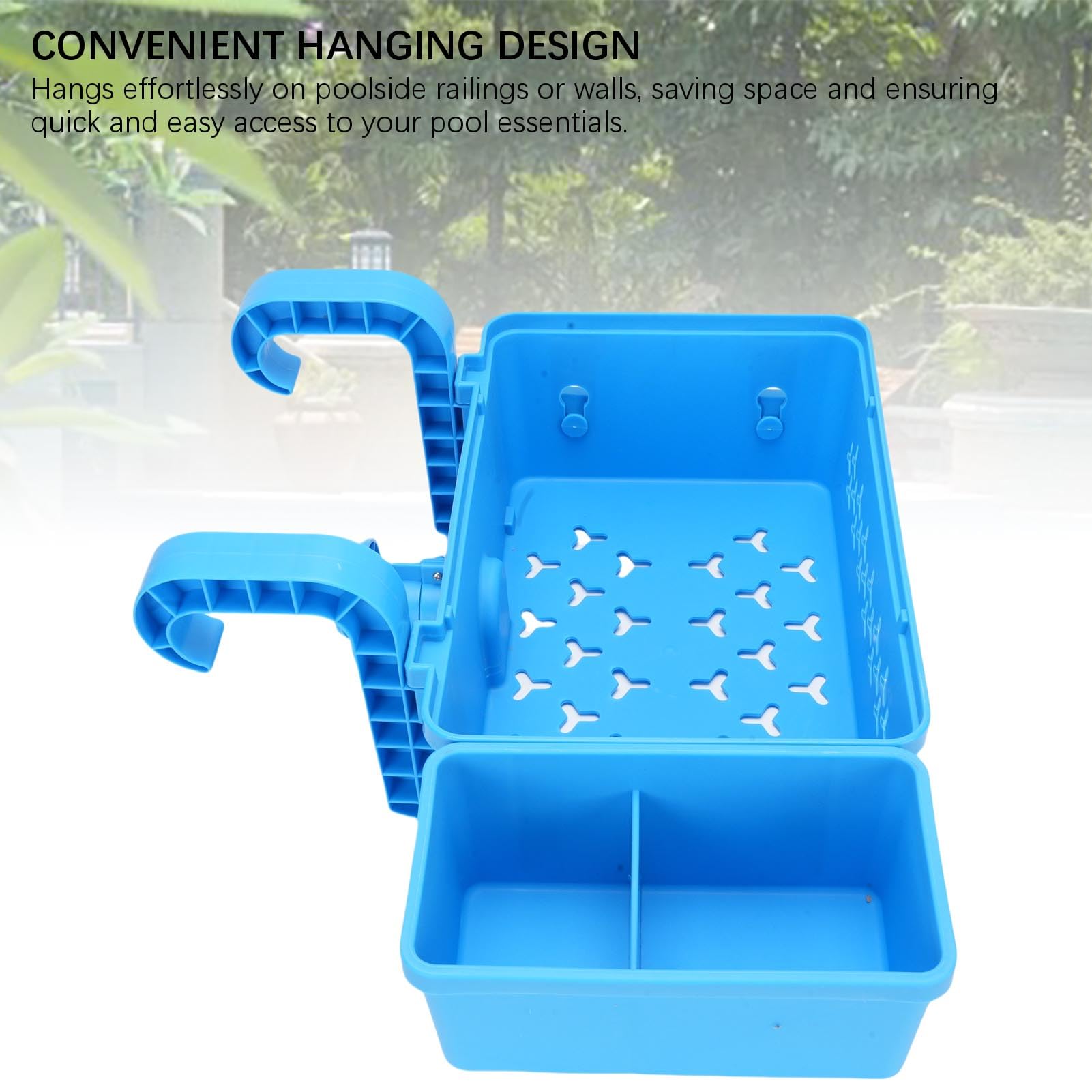 Cesta de Almacenamiento para Piscina con Portavasos, Organizador Colgante de Plástico, Accesorio de Gran Capacidad para Piscinas Elevadas y Espacios Al Aire Libre (BLUE)