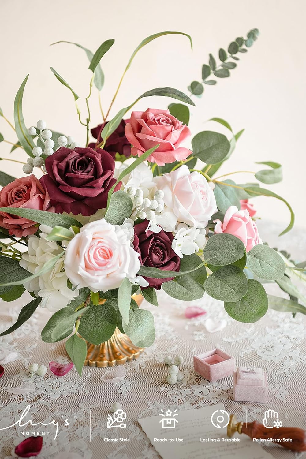 Ling's moment Artificial Burgundy Flowers, 16pcs Faux Silk Roses with Stems, 3.5" Fake Ombre Blush Pink Flowers Bulk for DIY Wedding Bouquets Centerpieces Party Baby Shower Home Decoration - Image 2