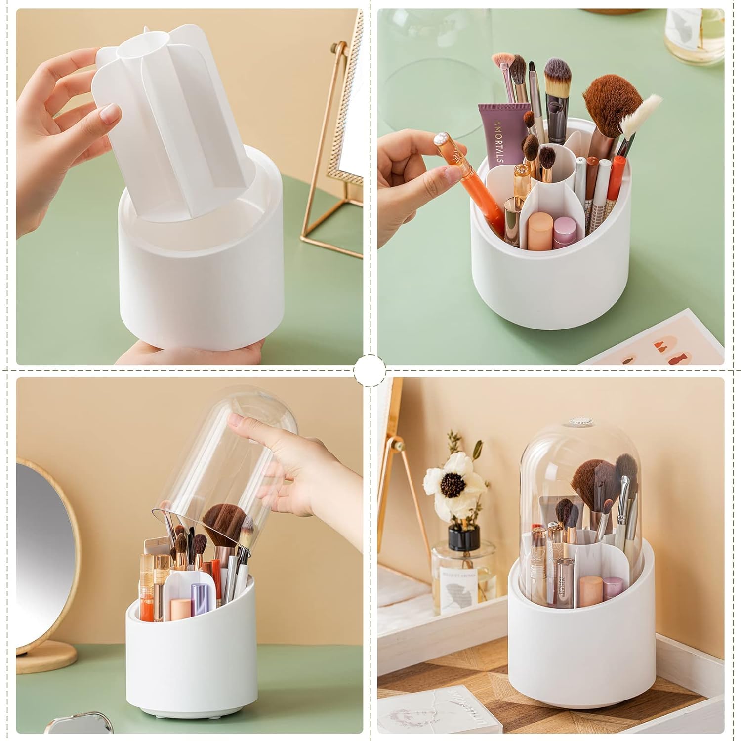 Feinerman 360° Rotating Makeup Brush Holder with Lid, Dustproof Cosmetic Brush Storage Box, Makeup Organizer for Vanity, Desk, or Bathroom Counter, Beauty Storage Box (White) 1