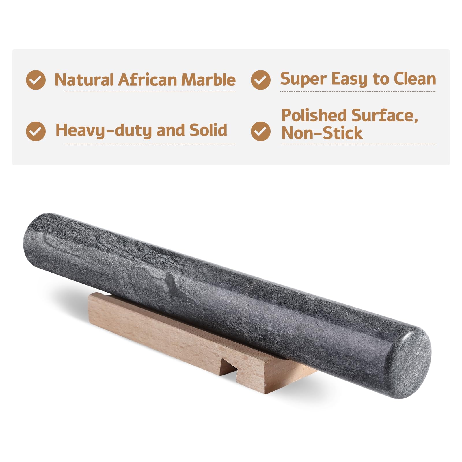 Koville Rodillo francés de mármol natural africano, rodillo antiadherente de 12 pulgadas para hornear, rodillo de masa para pasta, albóndigas, fondant, pastel, pan, pizza, herramientas de cocina para