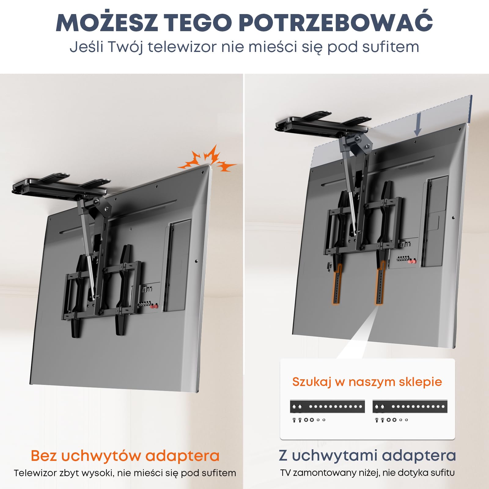 Elektryczny Uchwyt TV Sufitowy 37–75" – Opuszczany Podnośnik TV, Pilot, Udźwig 45 kg, VESA 600×400mm, Czarny