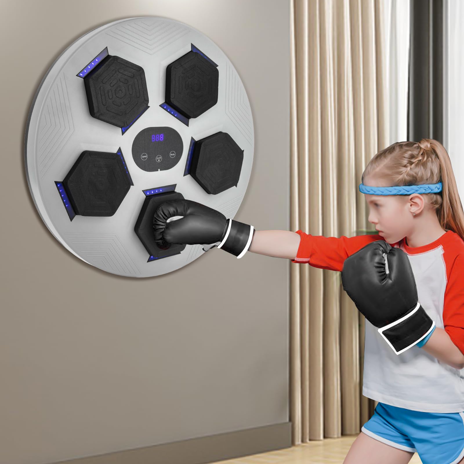 Macchina da boxe musicale, disco musicale a LED con connessione Bluetooth e guantoni da boxe, dispositivo elettronico da boxe per bambini, adulti