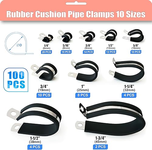 Miniatura 3 de Kit surtido de 221 abrazaderas de cable de acero inoxidable 304 abrazaderas de tubo de goma de 10 tamaños de 14 a 1-34 pulgadas con aislamiento de
