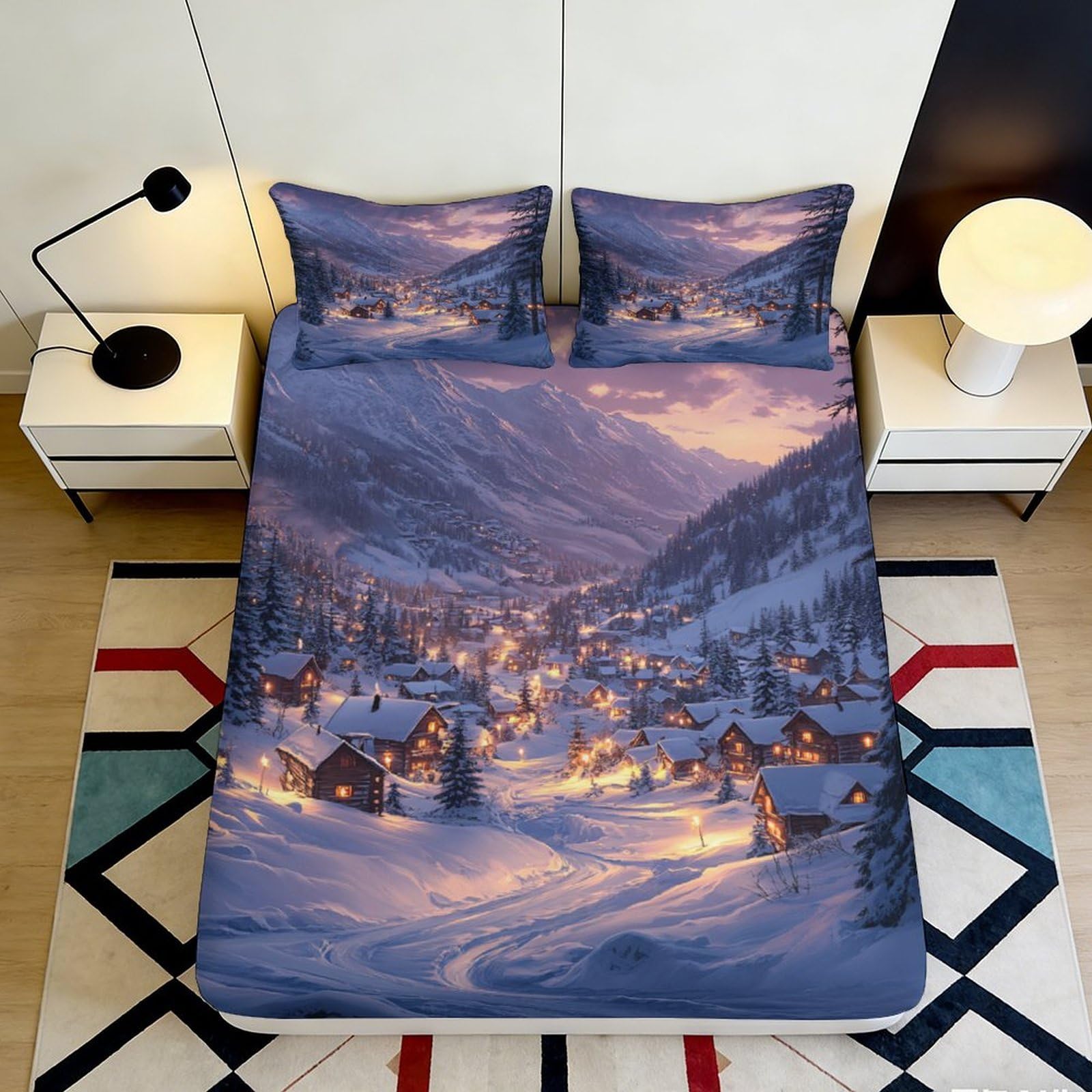 3D Printed Winter Mountain Village Fitted Sheet Microfiber Non-slip Bed Cover Scenic Snow Night Bedroom Decor 90x200x25cm