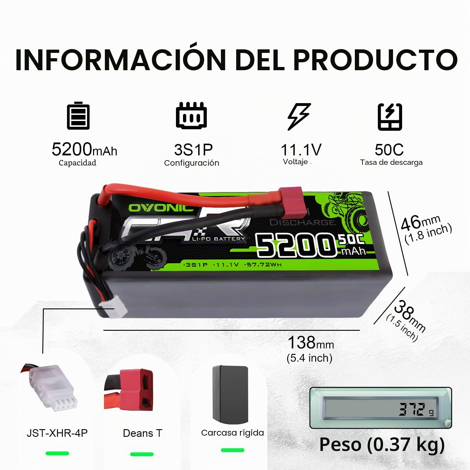 OVONIC - Batería de polímero de litio 3S 11.1V 5200mAh 50C con conector Deans, estuche duro para FPV RC Avión Auto Evader BX Quadcopter Helicóptero Camión Barco (2 piezas)