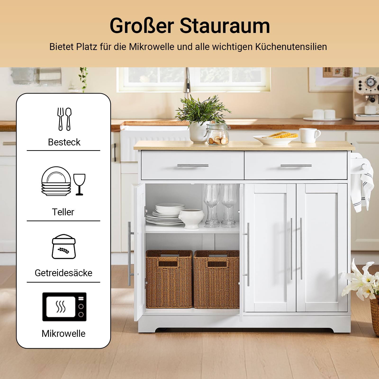 SoBuy Kücheninsel mit Rollen, Servierwagen mit ausziehbarer Arbeitsplatte – platzsparende, freistehende Kücheninsel mit Schubladen für kleine Küchen Weiß 113 x 91 x (44–69) cm FKW129-WN