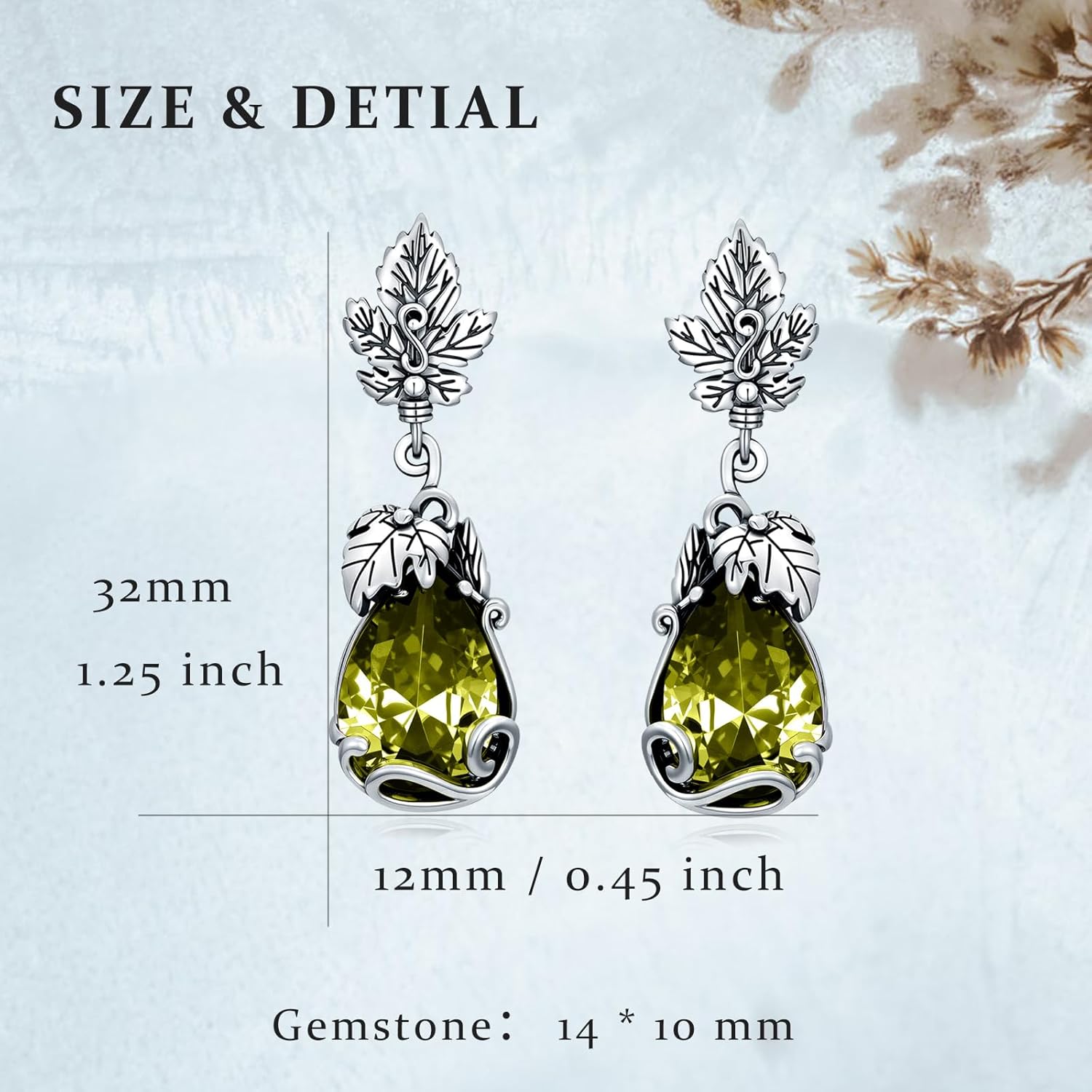 925 Sterling Silver Vintage Leaf Nature Style Teardrop Dangle Earrings with 14 mm Birthstone Gemstone Anniversary Jewelry Gifts for Women Her Wife - Image 4